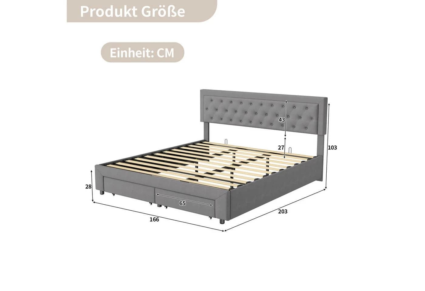 Furnishings Home Polsterbett 160x200 cm Grau Hydraulischer Stauraum Samt - Bild 5