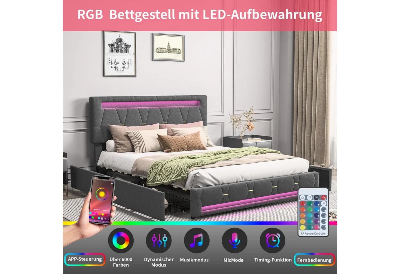 Furnishings Home Polsterbett Stauraumbett mit LED und Matratze