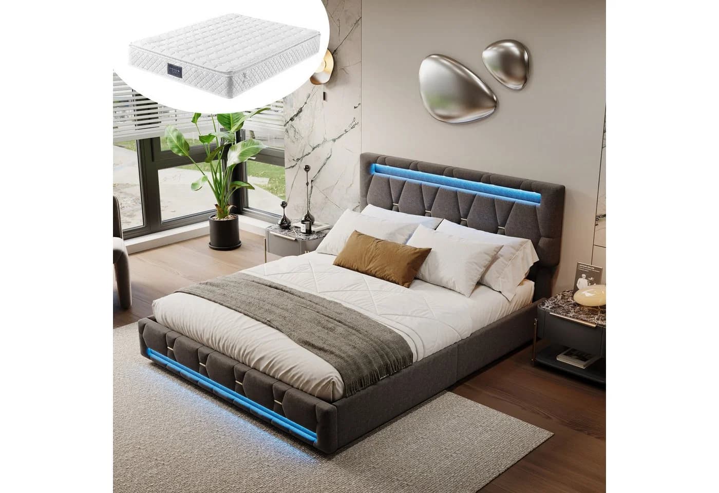 Furnishings Home Polsterbett Stauraumbett mit LED und Matratze - Bild 2