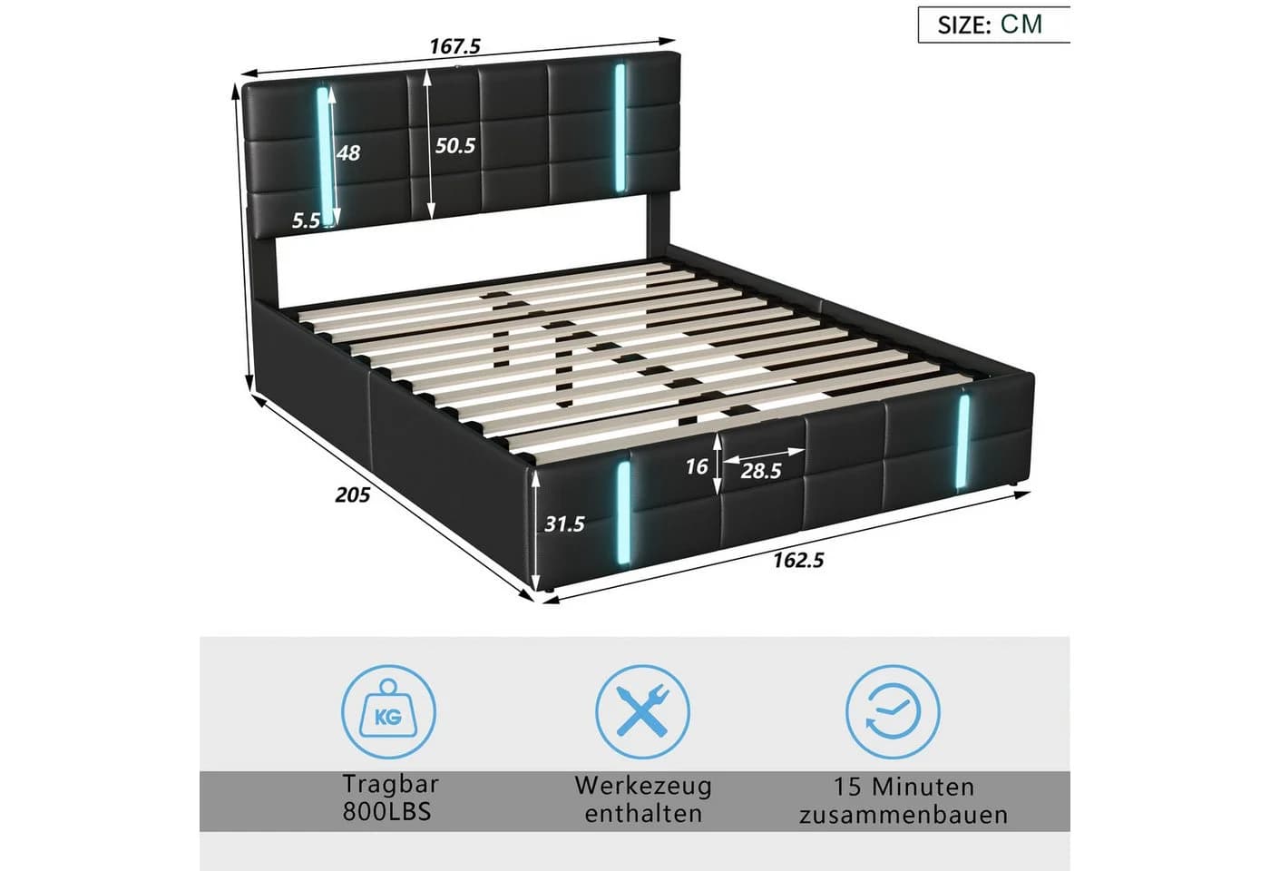 Furnishings Home LED Polsterbett mit Stauraum und Hydraulik - Bild 3