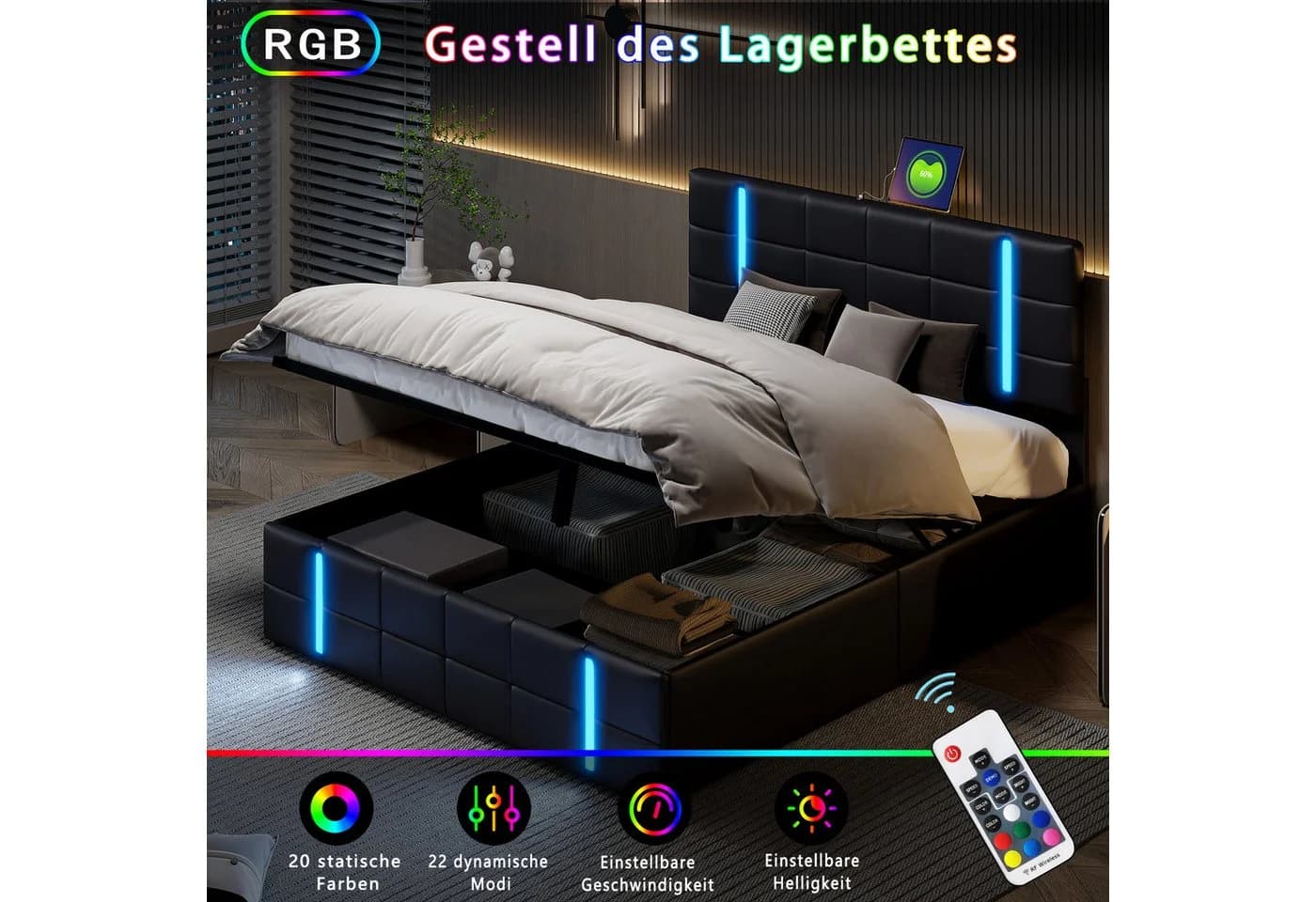 Furnishings Home LED Polsterbett mit Stauraum und Hydraulik - Bild 4