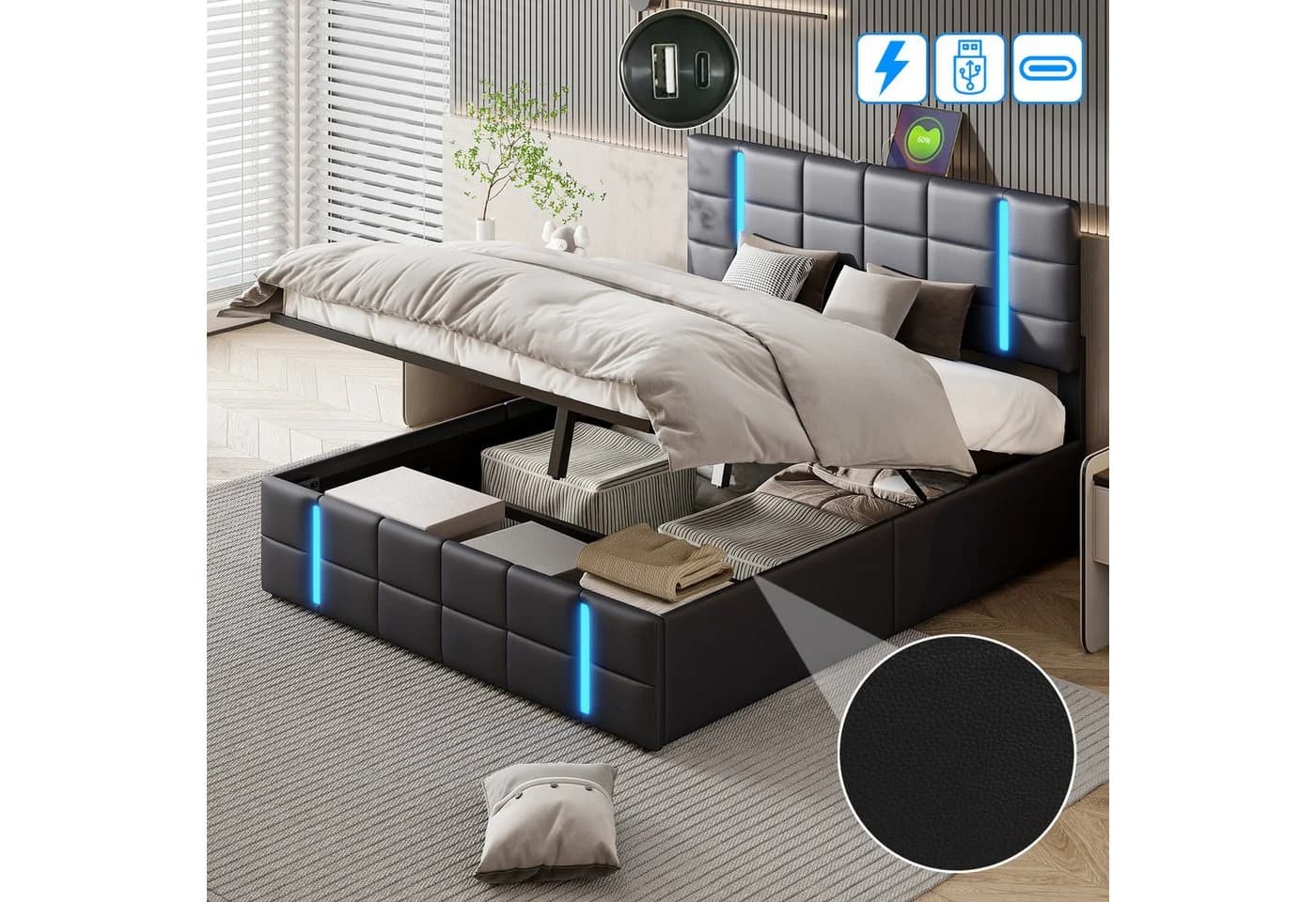 Furnishings Home LED Polsterbett mit Stauraum und Hydraulik - Bild 5