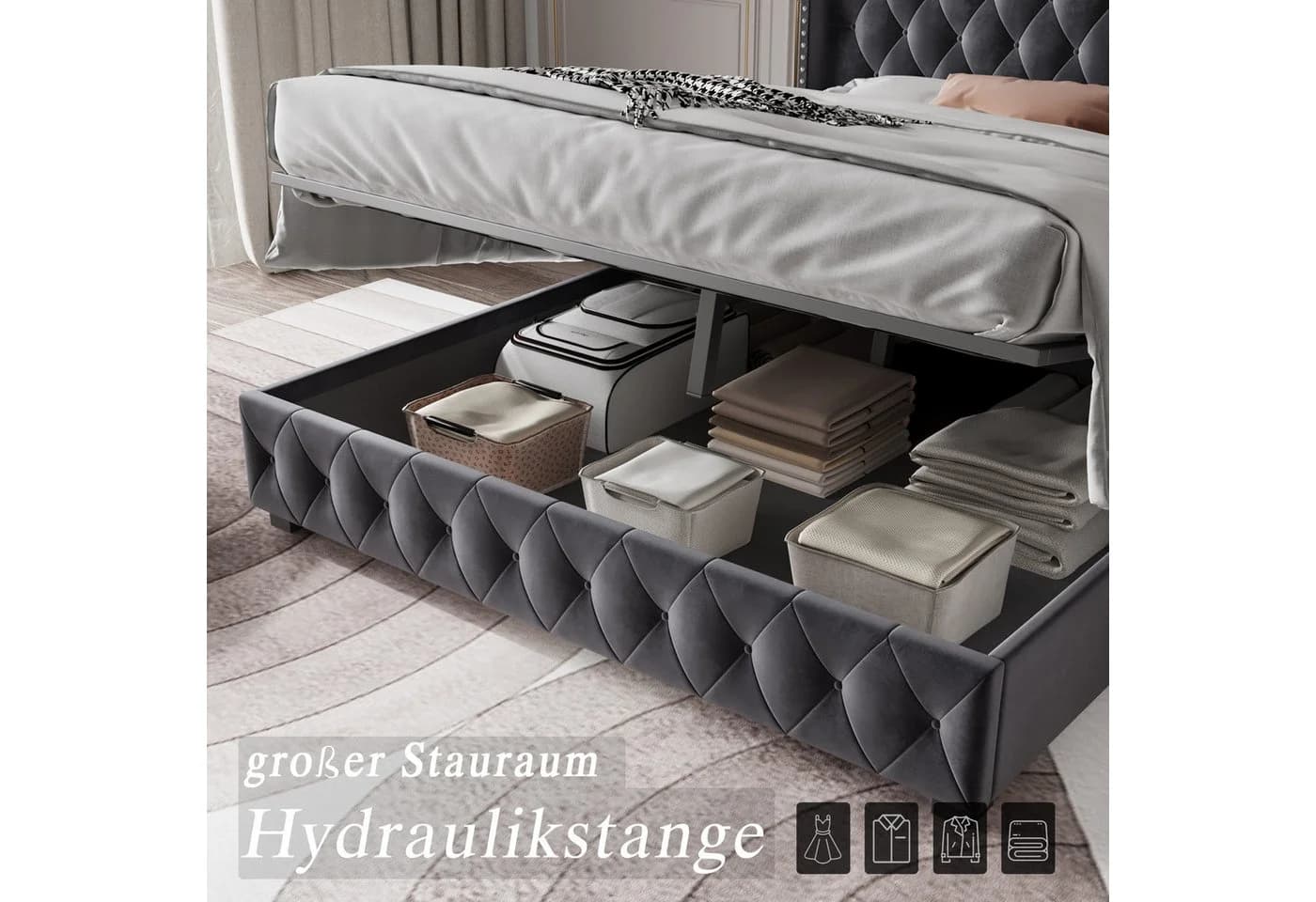 Furnishings Home Polsterbett Grau Samt Stauraumbett mit Lattenrost - Bild 4