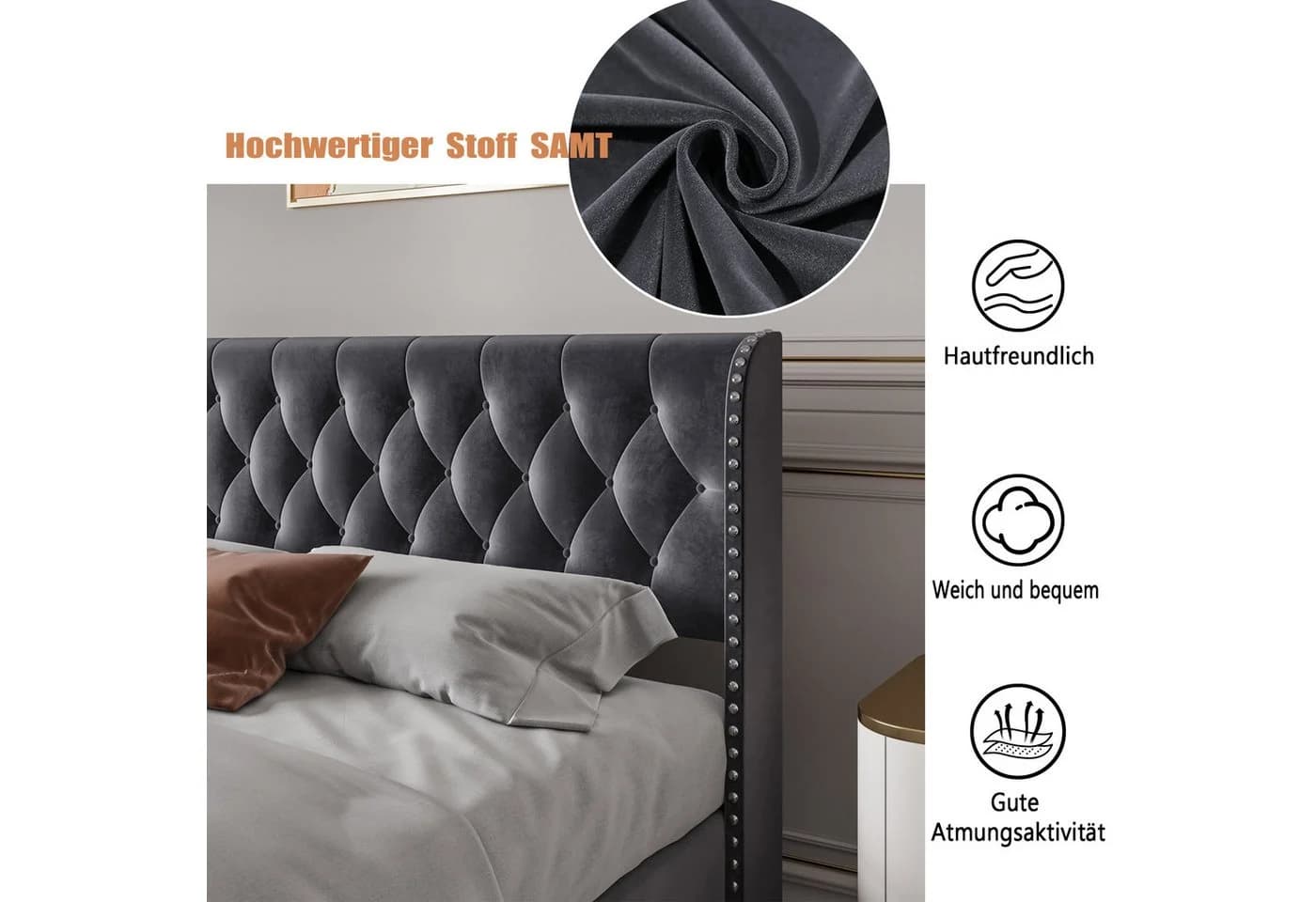Furnishings Home Polsterbett Grau Samt Stauraumbett mit Lattenrost - Bild 5