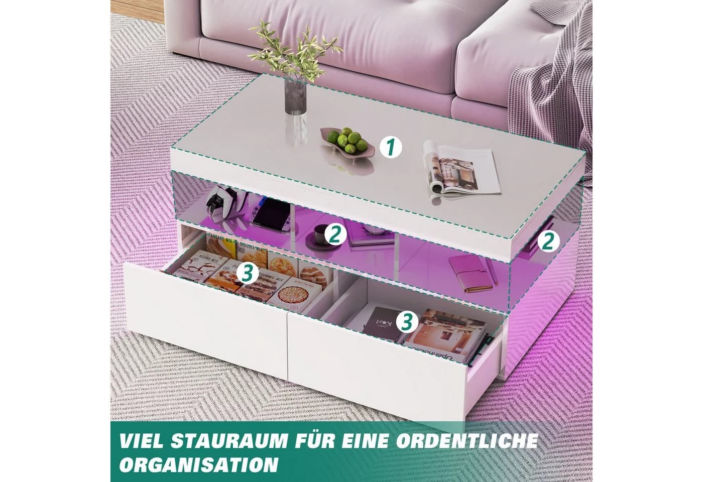 Furnishings Home Couchtisch LED 104 cm Weiß - Bild 5