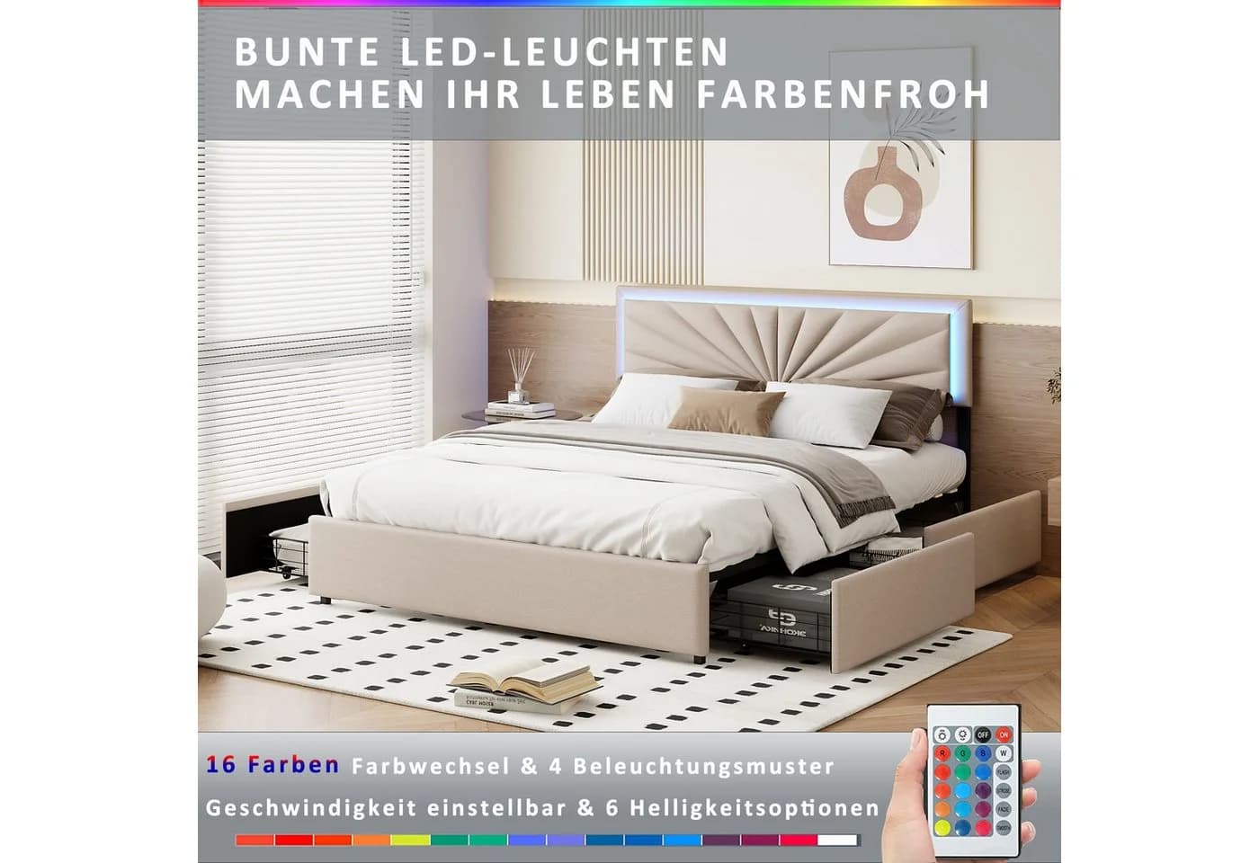 Furnishings Home LED Polsterbett mit Stauraum und Lattenrost - Bild 4