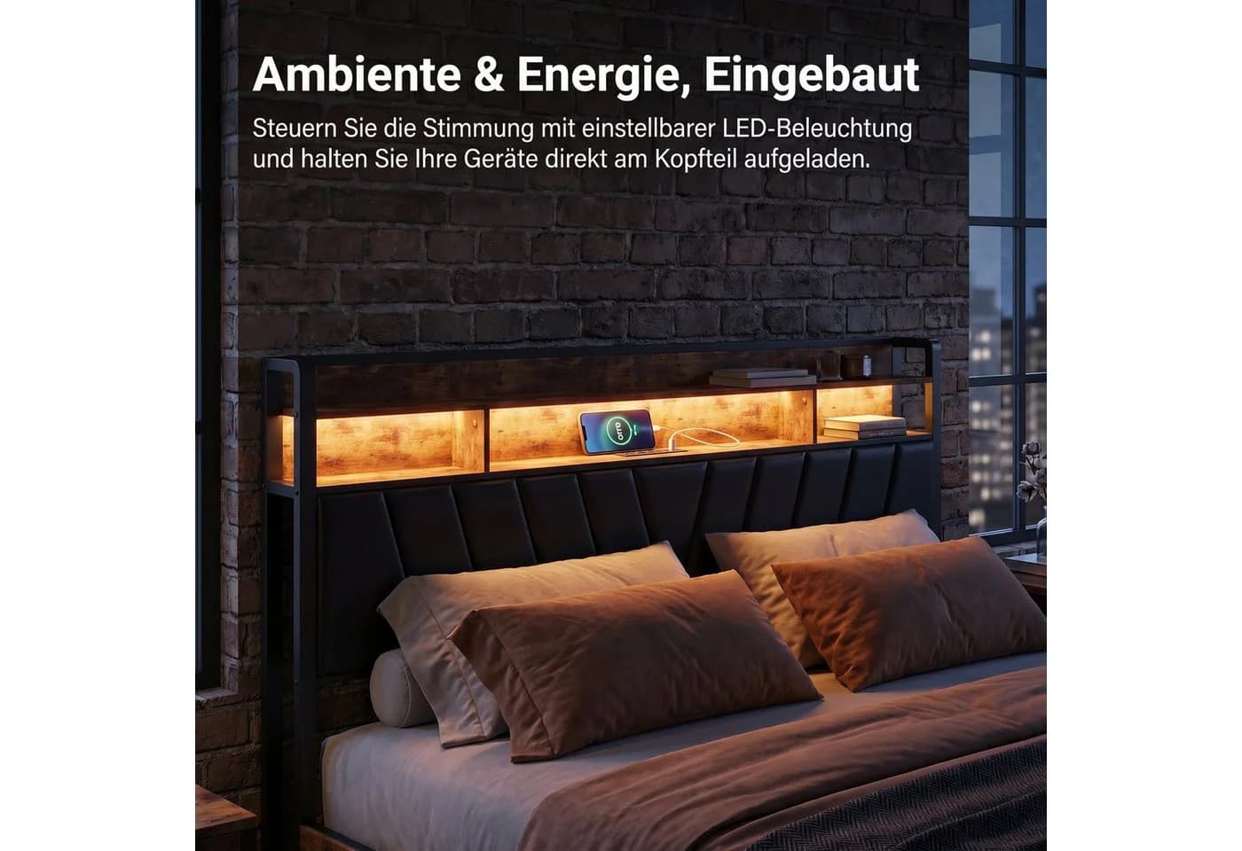 Furnishings Home Polsterbett mit LED und Stauraum Beige