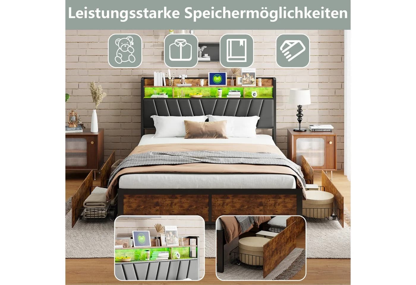 Furnishings Home Polsterbett mit LED und Stauraum Beige - Bild 3
