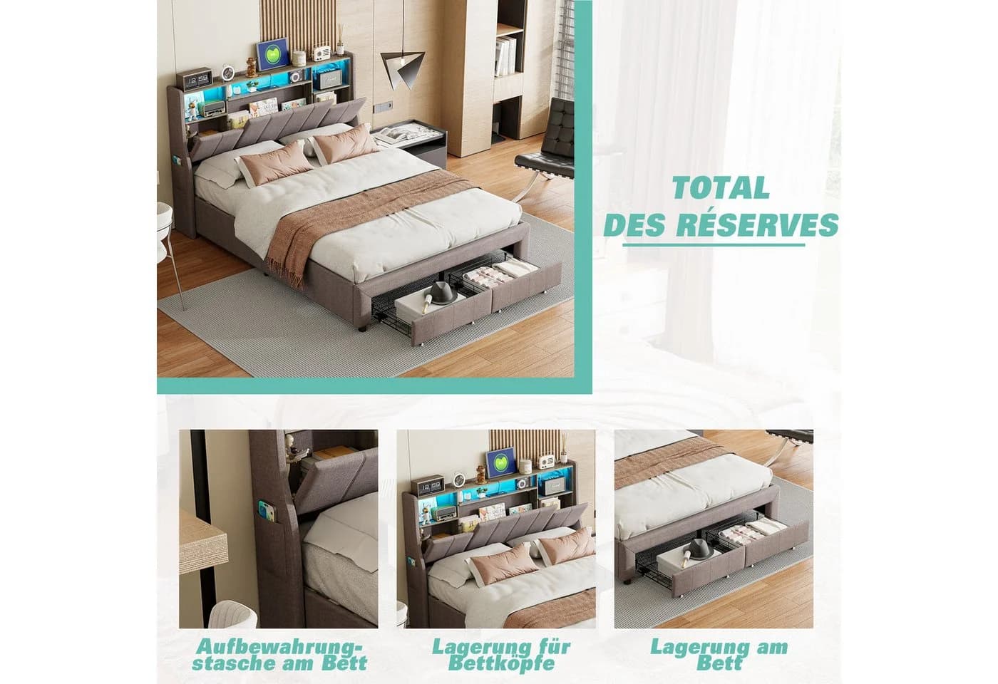 Gdood Polsterbett mit LED, Stauraum & USB-Anschluss Grau - Bild 5