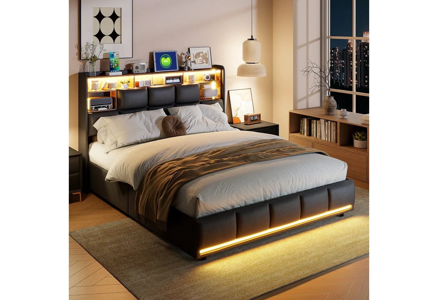 Furnishings Home Polsterbett mit LED, Stauraum & USB Schwarz - Bild 2