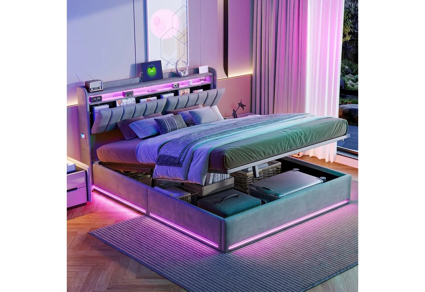 Furnishings Home Polsterbett mit LED und Stauraum Grau Samt - Bild 2