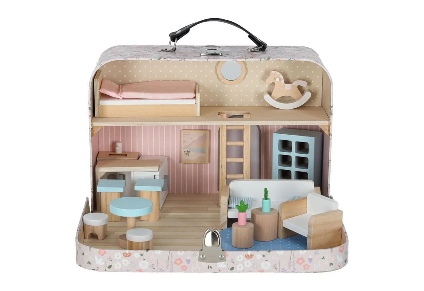 Ikonka Puppenhaus im Koffer 25-teilig mit Holzmöbeln und Zubehör