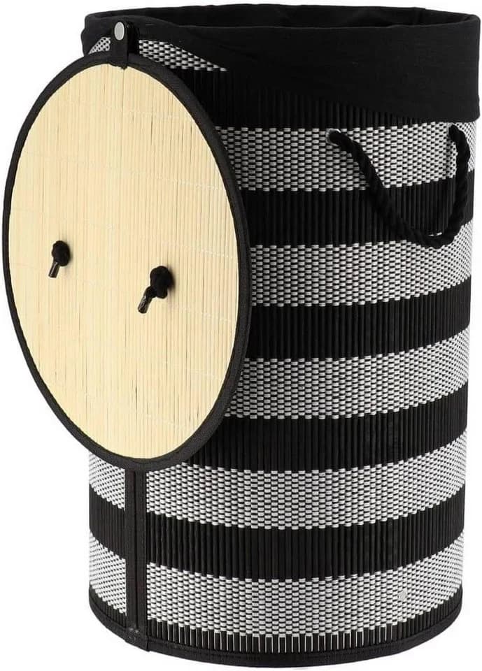 TENDANCE Wäschekorb rund mit Deckel Bambus/Baumwolle Schwarz/Weiß