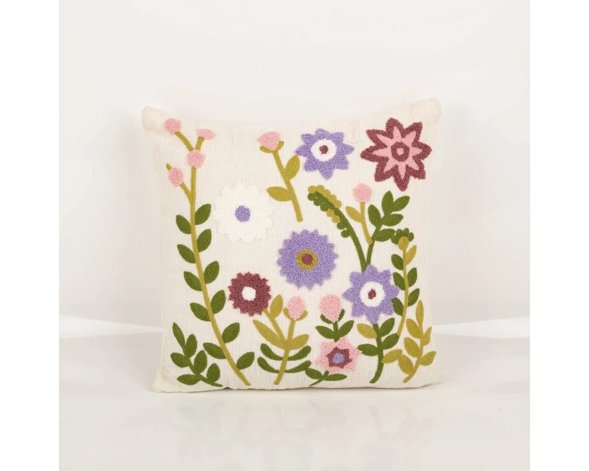 SCHÖNER LEBEN. Dekokissen Blumenmotiv Chenille Wollweiß Beige Gelb