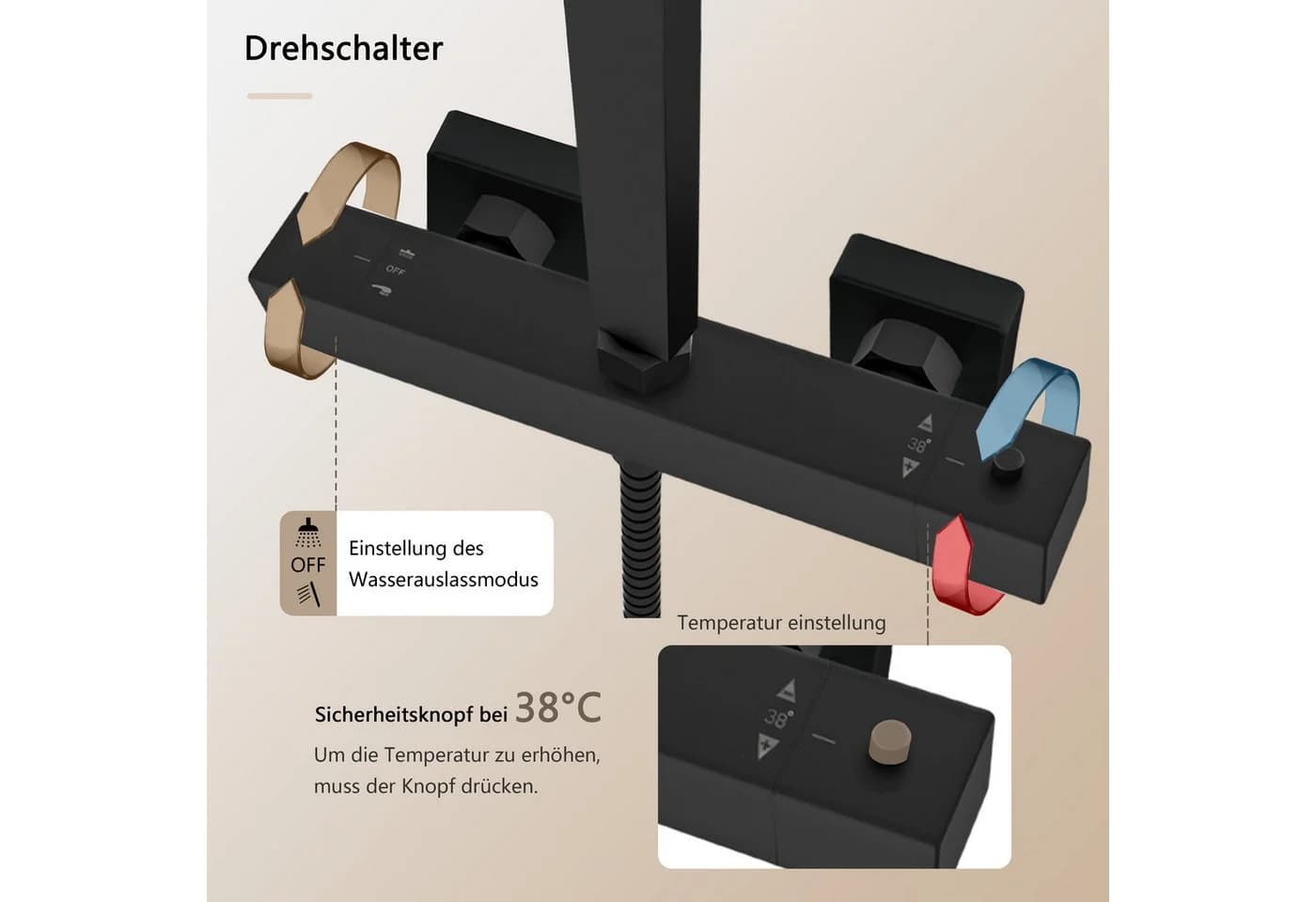 Aica Sanitär Thermostat-Duschsystem Mattschwarz mit 300mm Kopfbrause