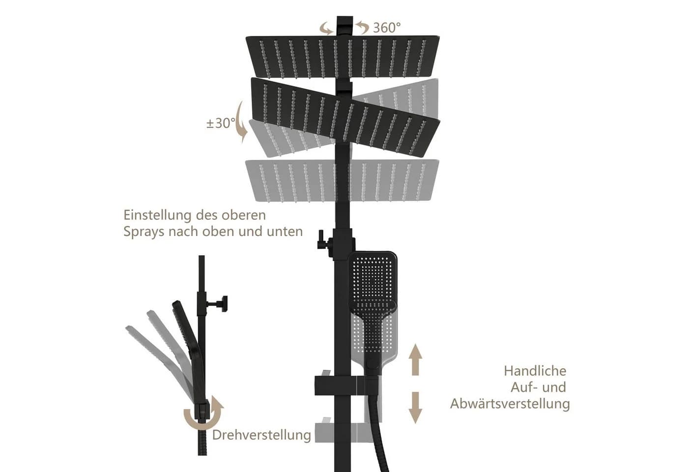 Aica Sanitär Thermostat-Duschsystem Mattschwarz mit 300mm Kopfbrause - Bild 4