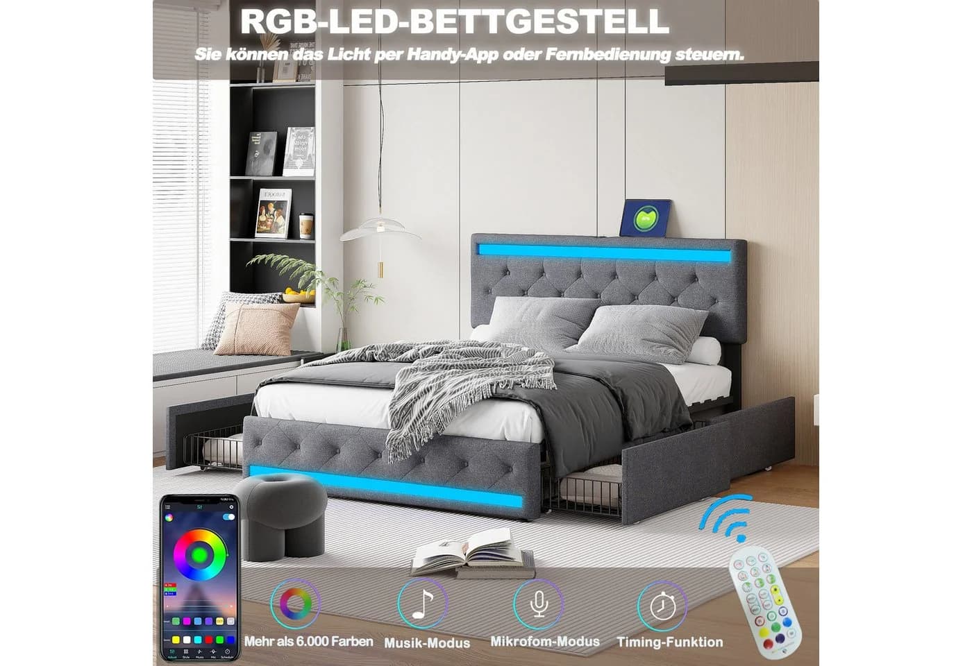ADWOLT Stauraumbett Grau mit LED, USB & Schubladen