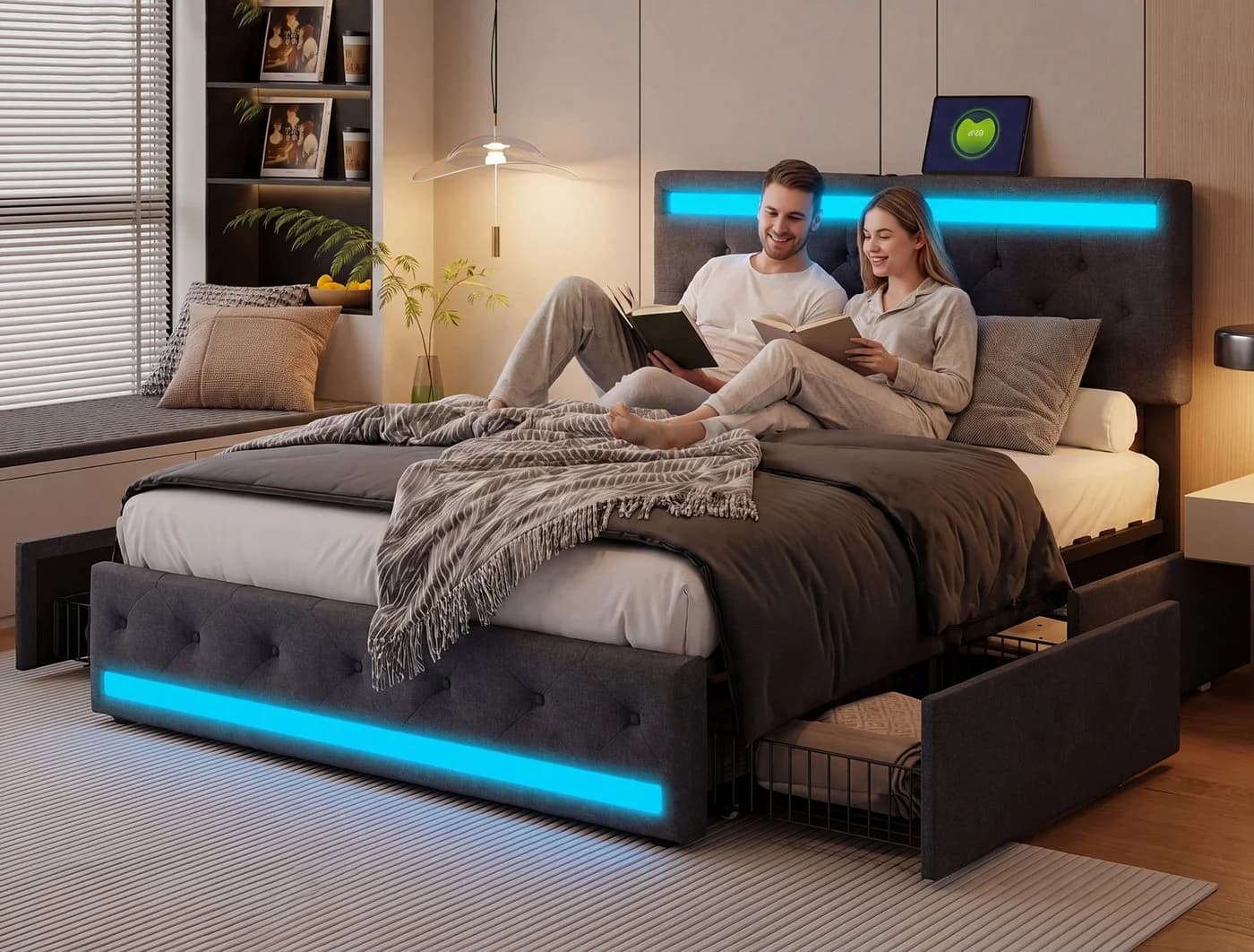 ADWOLT Stauraumbett Grau mit LED, USB & Schubladen - Bild 2