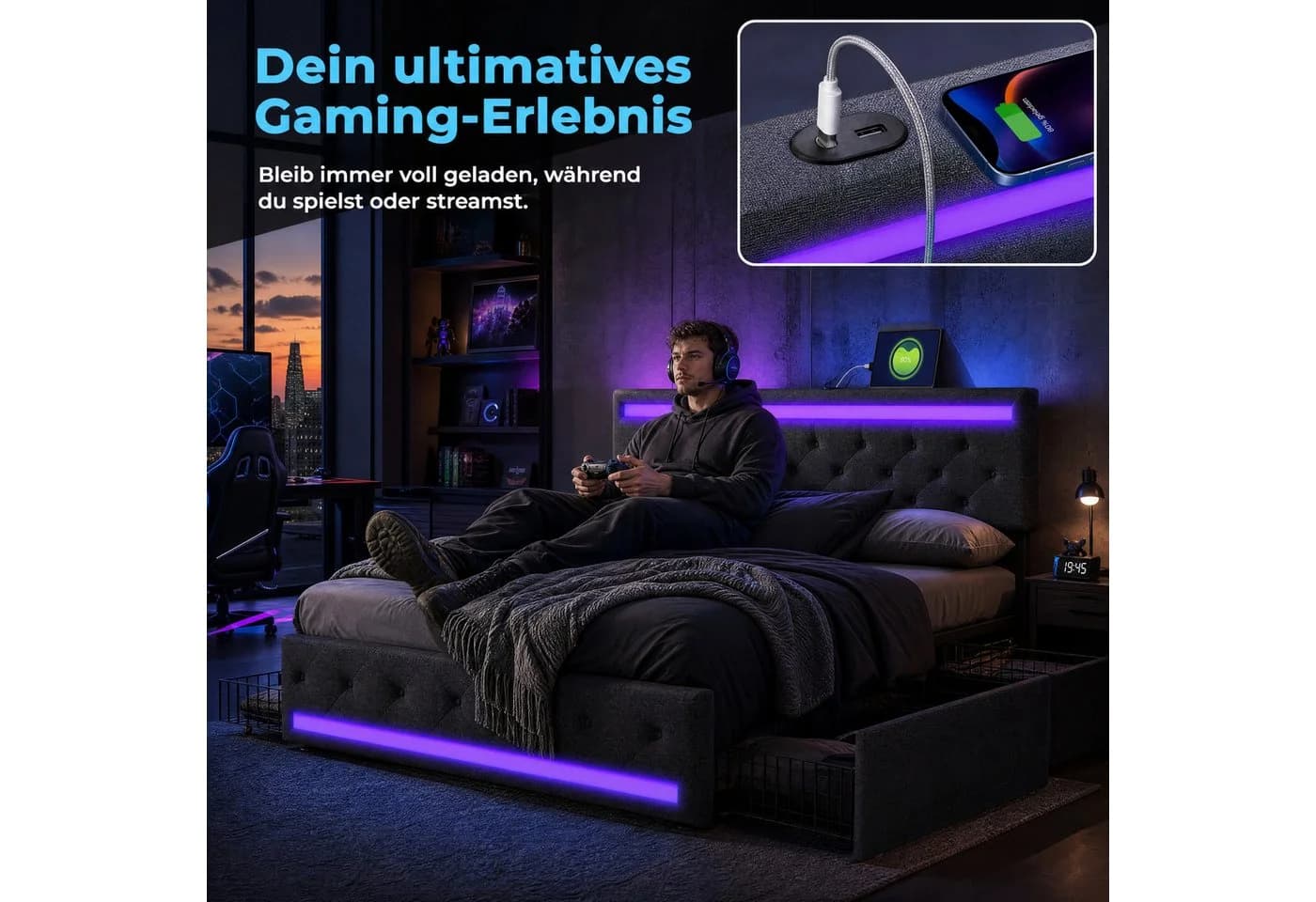 ADWOLT Stauraumbett Grau mit LED, USB & Schubladen - Bild 3
