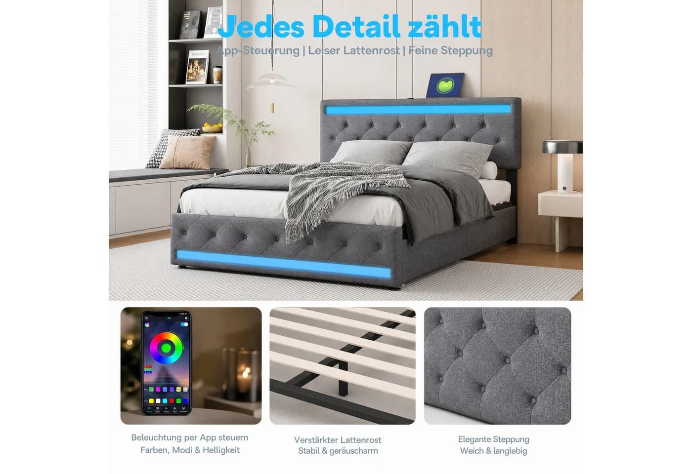 ADWOLT Stauraumbett Grau mit LED, USB & Schubladen - Bild 5