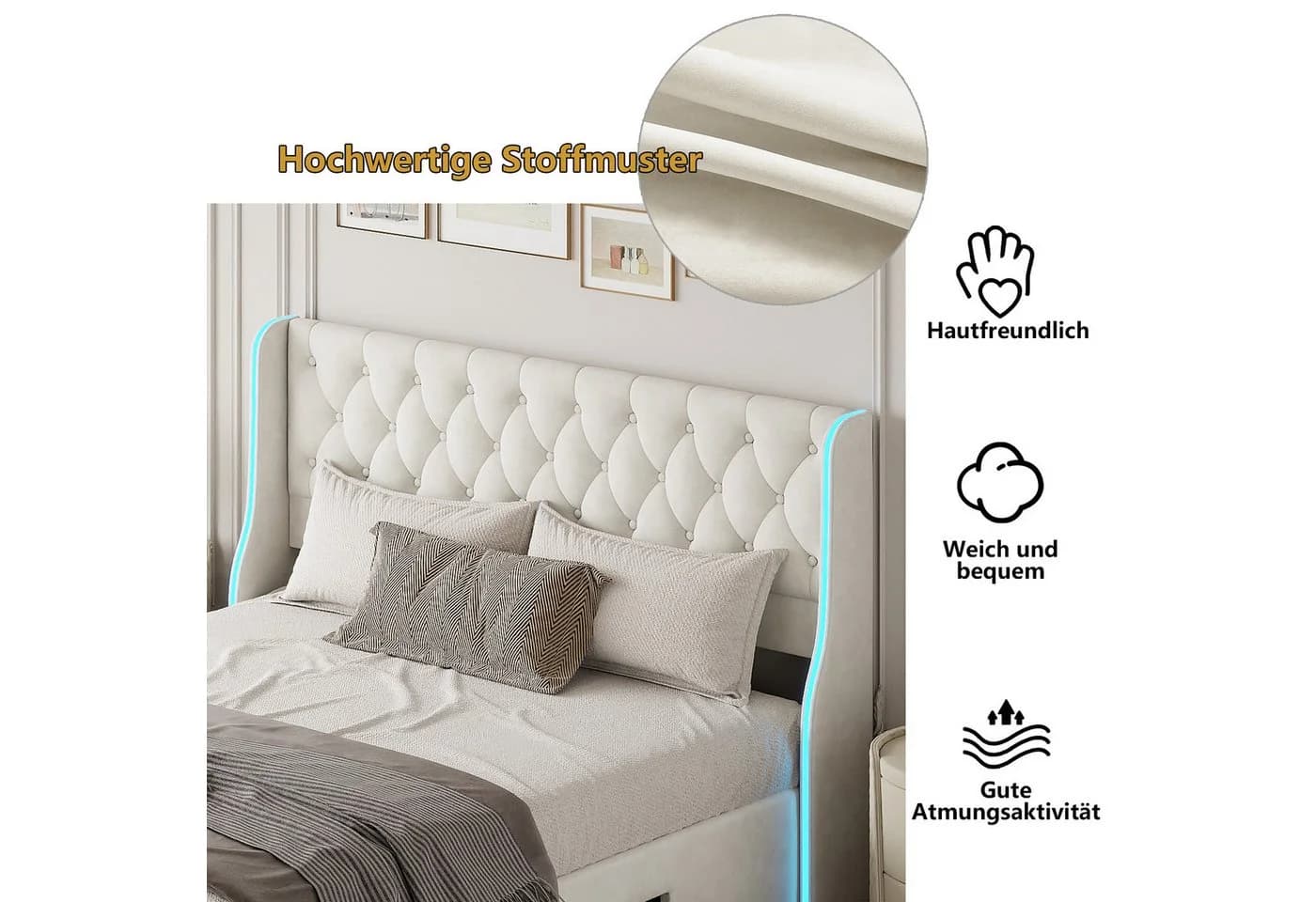 FUROKOY Polsterbett Doppelbett Stauraumbett mit 3 Schubladen Beige - Bild 3