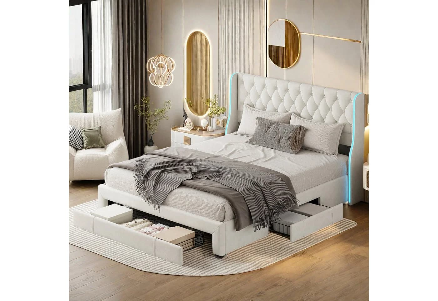 FUROKOY Polsterbett Doppelbett Stauraumbett mit 3 Schubladen Beige - Bild 4