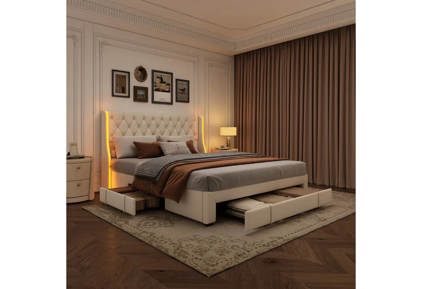FUROKOY Polsterbett Doppelbett Stauraumbett mit 3 Schubladen Beige - Bild 5