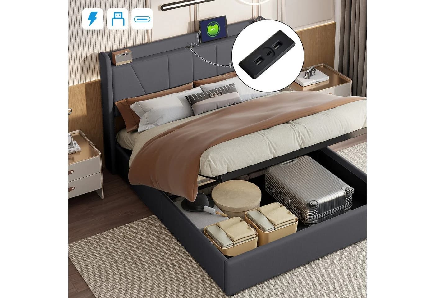 ADWOLT Polsterbett 140x200 cm Grau mit Stauraum und USB