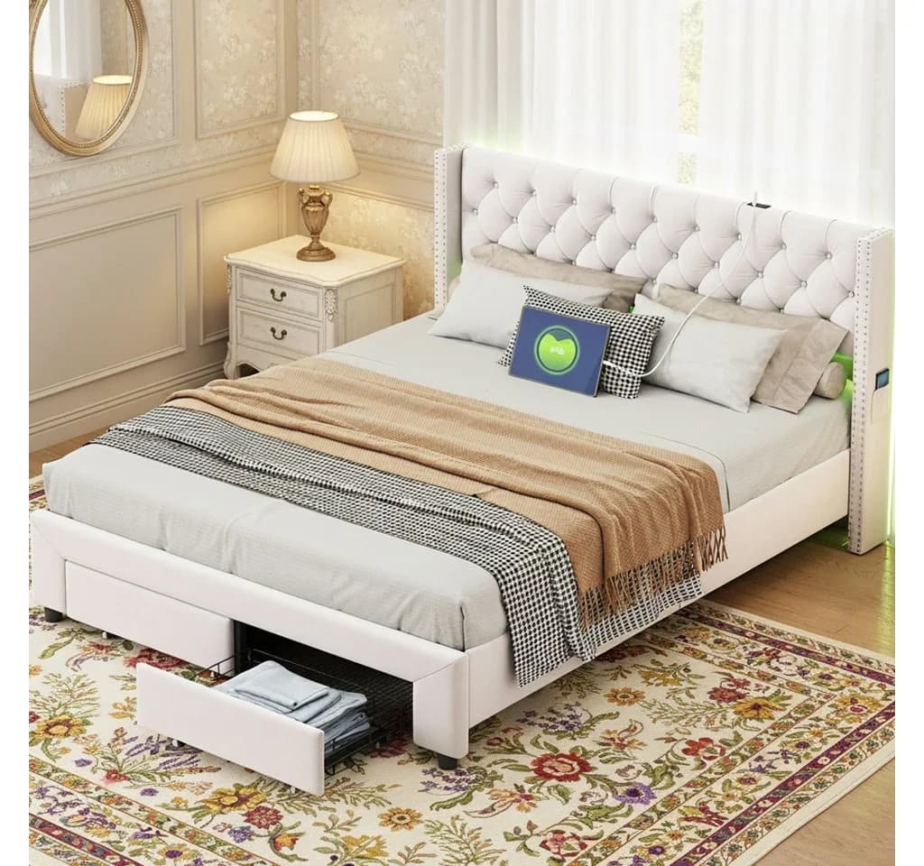 ADWOLT Polsterbett Beige mit LED, USB & Schubladen - Bild 2