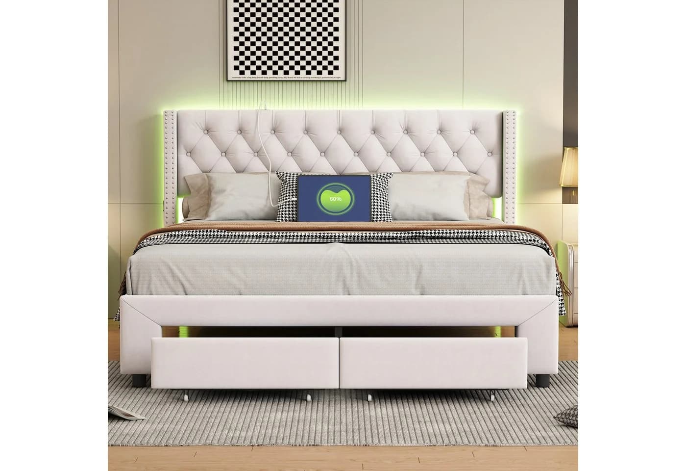 ADWOLT Polsterbett Beige mit LED, USB & Schubladen - Bild 3