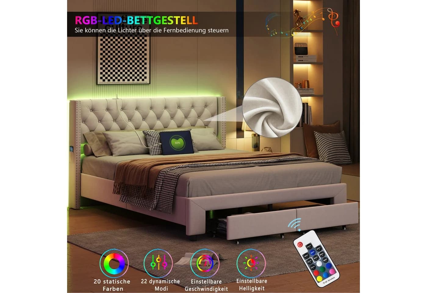 ADWOLT Polsterbett Beige mit LED, USB & Schubladen - Bild 5