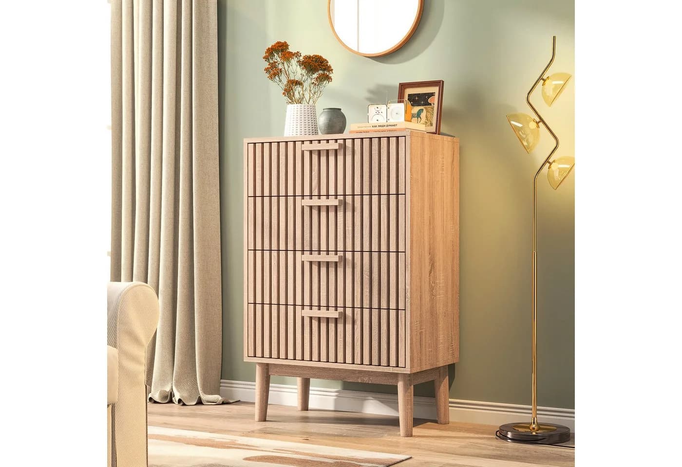 FUROKOY Sideboard Kommode Braun 4 Schubladen mit Dämpfung