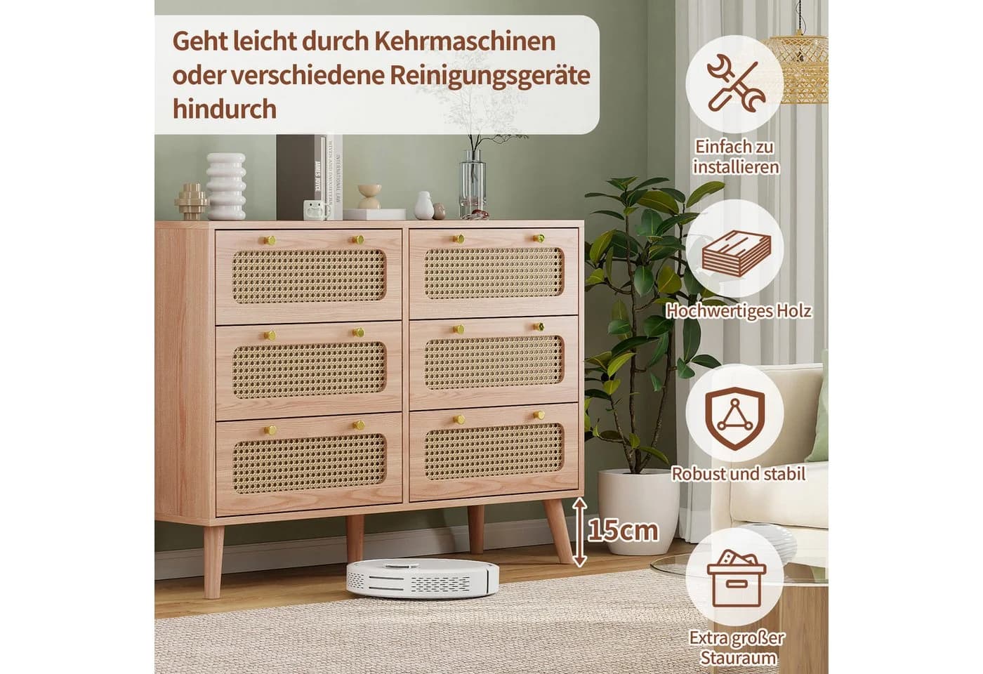 FUROKOY Sideboard Kommode 6 Schubladen Massivholz Braun - Bild 4