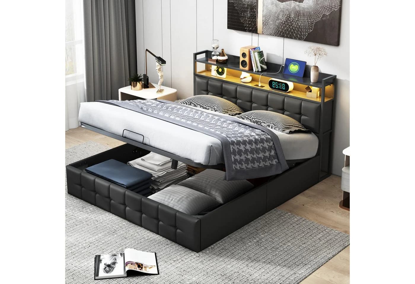 ADWOLT Polsterbett 160x200 Schwarz mit Bettkasten & LED