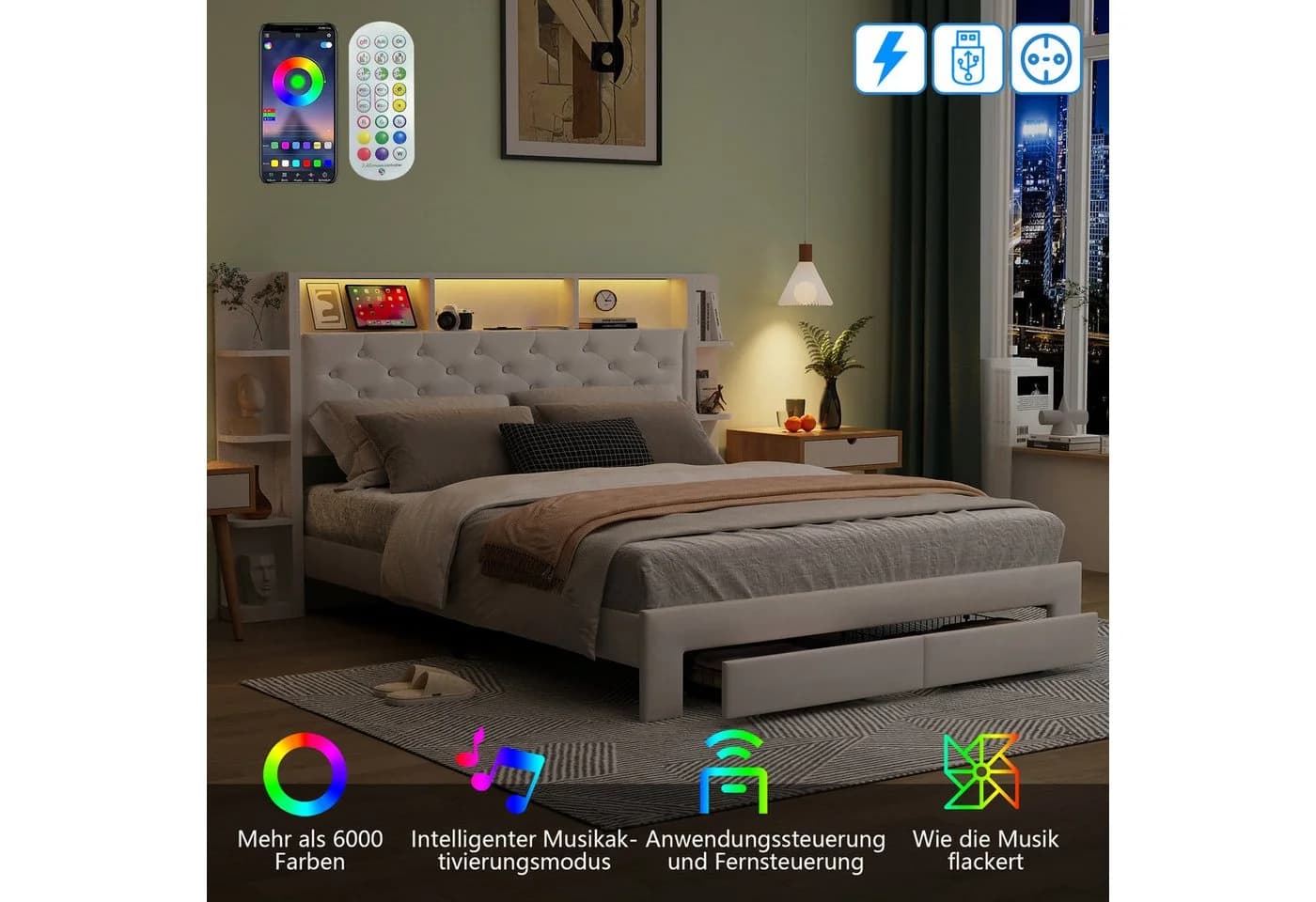 ADWOLT Polsterbett 140x200 cm mit LED, Stauraum & USB - Bild 4