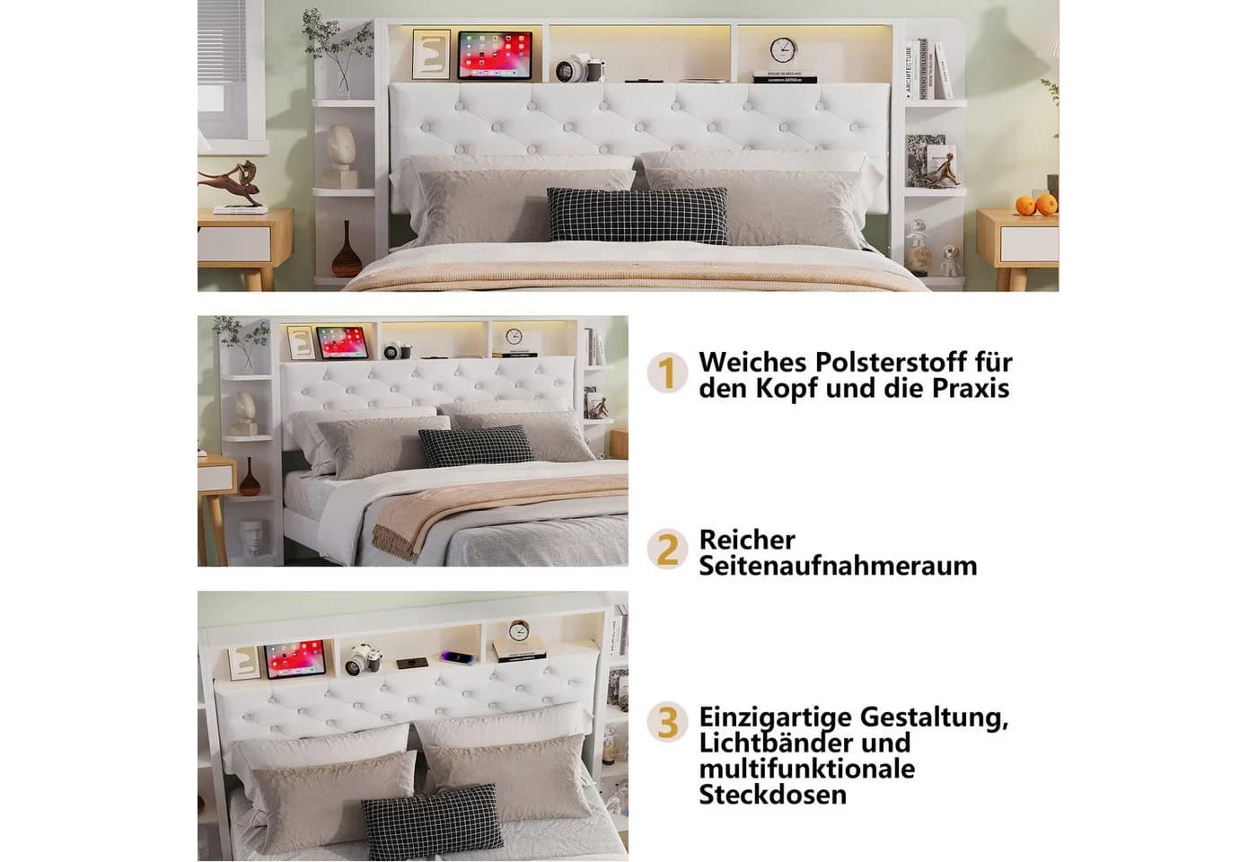 ADWOLT Polsterbett 140x200 cm mit LED, Stauraum & USB - Bild 5