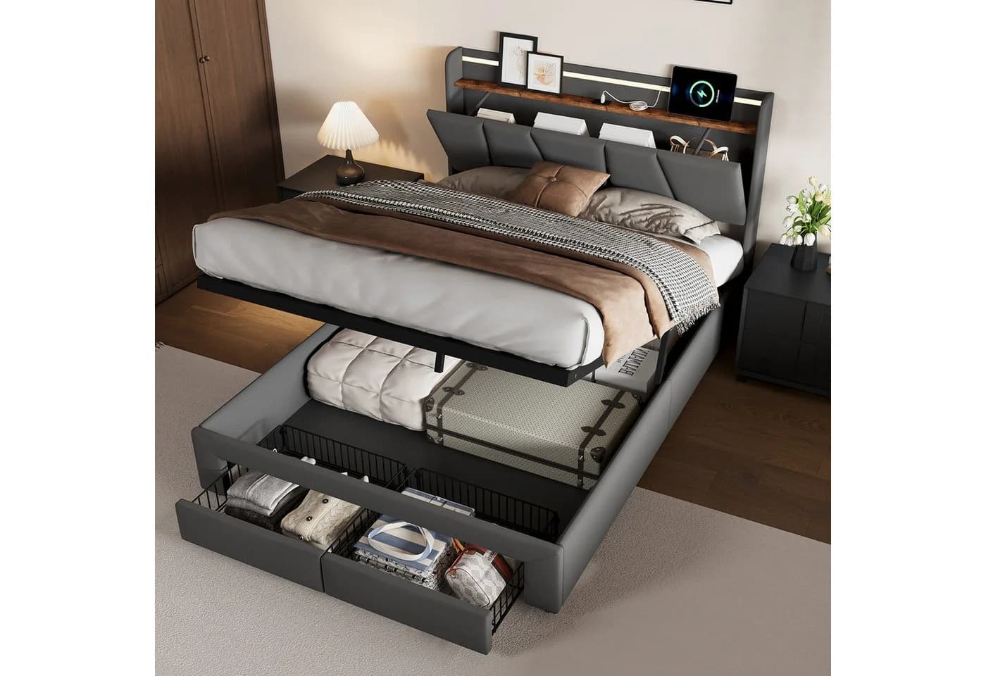 ADWOLT Polsterbett mit LED, USB & Stauraum Grau Leinenstoff - Bild 2