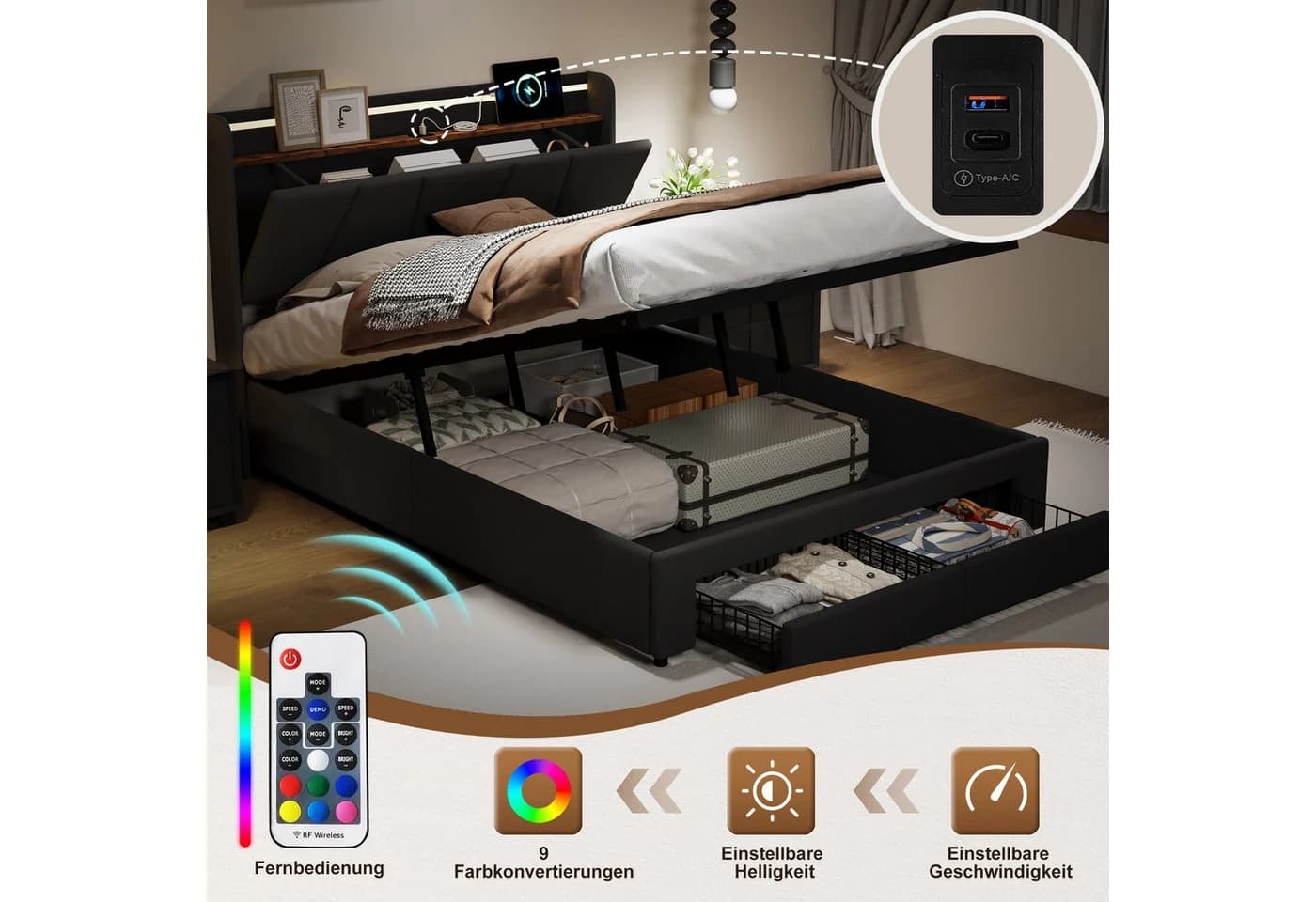 ADWOLT Polsterbett mit LED, USB & Stauraum Grau Leinenstoff - Bild 3