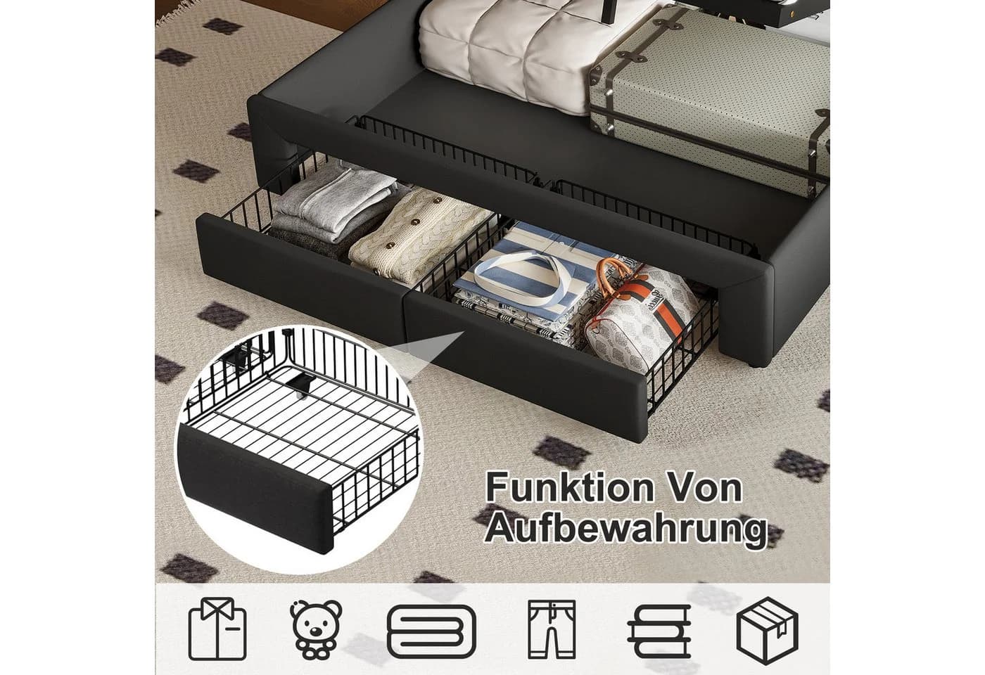 ADWOLT Polsterbett mit LED, USB & Stauraum Grau Leinenstoff - Bild 5