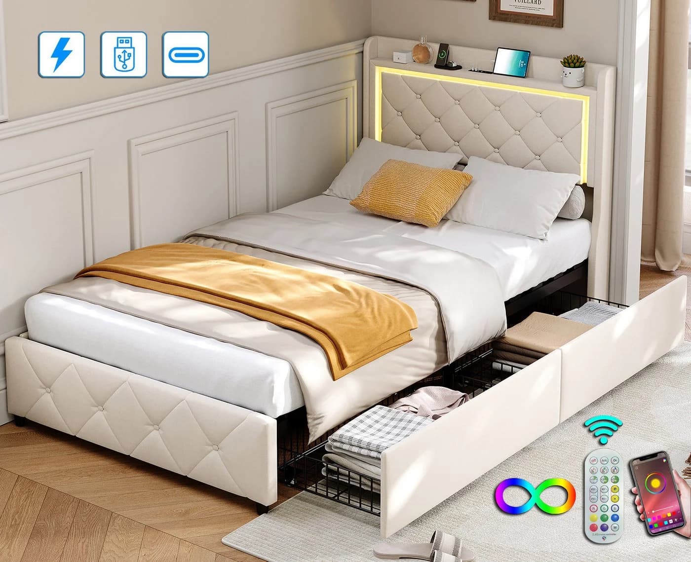 ADWOLT Polsterbett 90x200 cm Beige mit LED, USB & Schubladen - Bild 2