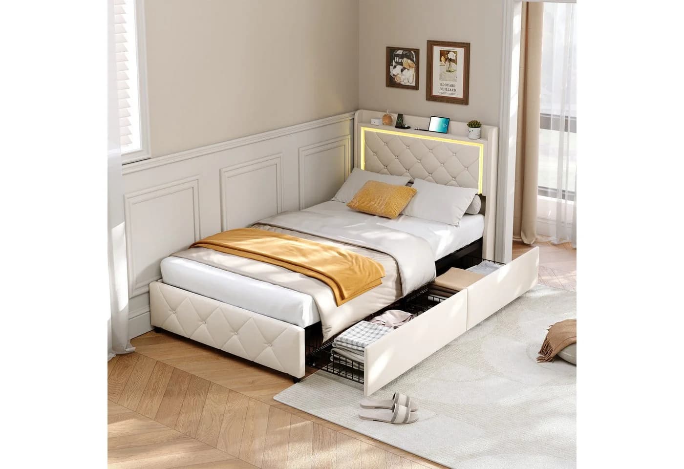 ADWOLT Polsterbett 90x200 cm Beige mit LED, USB & Schubladen - Bild 4