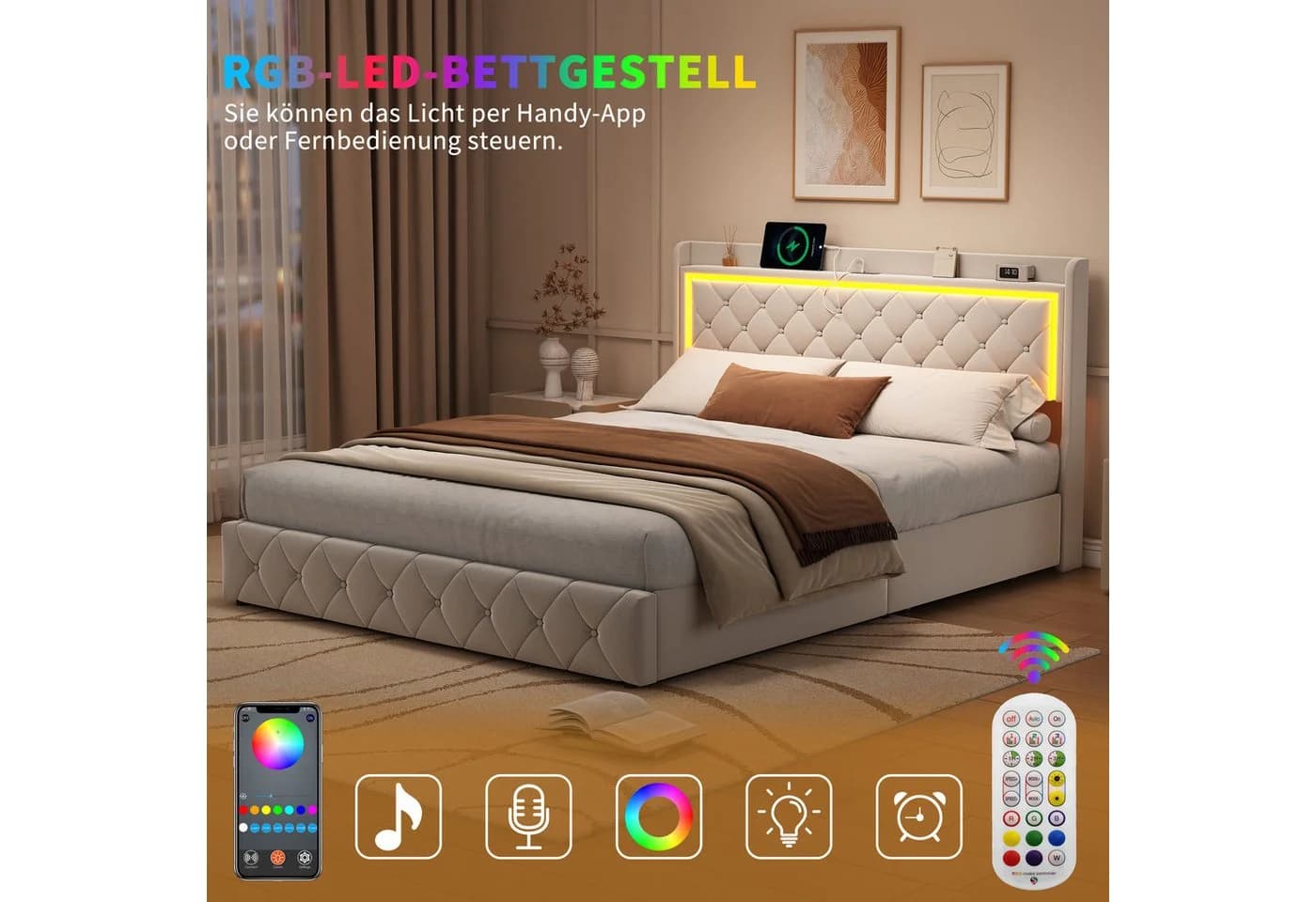 ADWOLT Polsterbett Beige mit LED, USB & 4 Schubladen - Bild 3