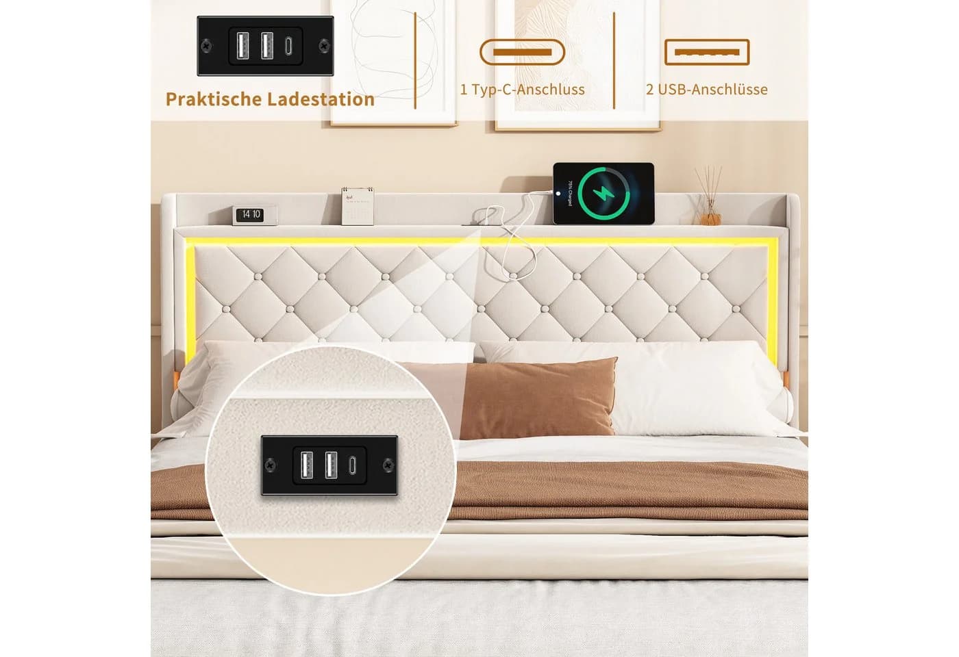 ADWOLT Polsterbett Beige mit LED, USB & 4 Schubladen - Bild 5