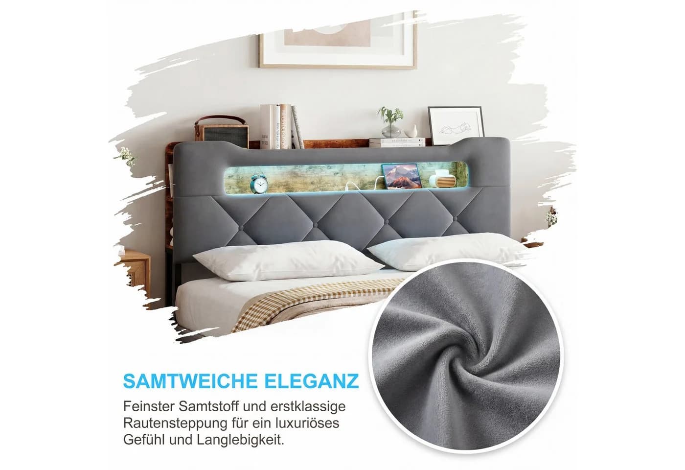 FUROKOY Polsterbett Doppelbett Stauraumbett mit 4 Schubladen Samtstoff, 140x200 cm, Grau - Bild 5