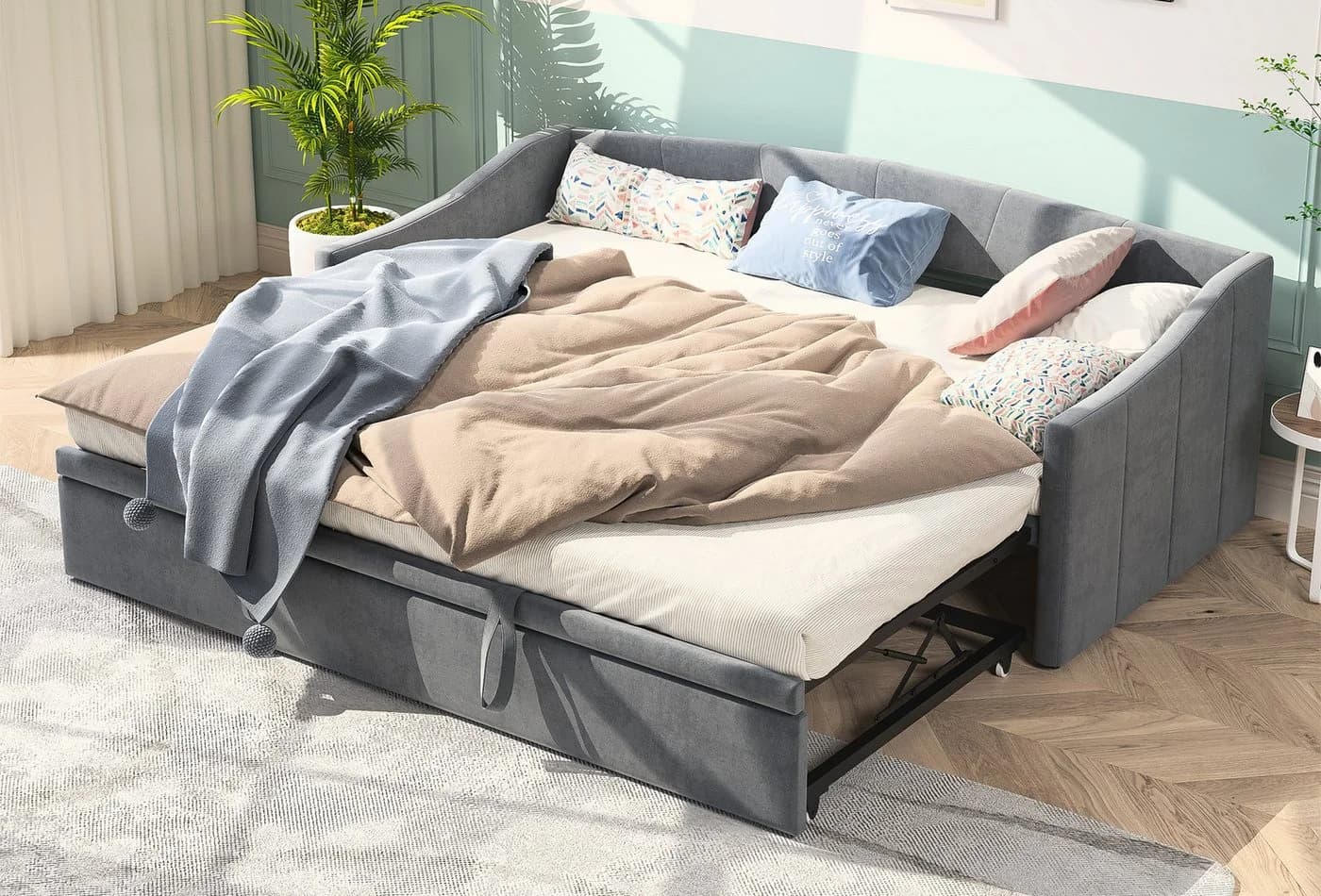 FUROKOY Schlafsofa Daybett Grau Samt mit Lattenrost - Bild 2