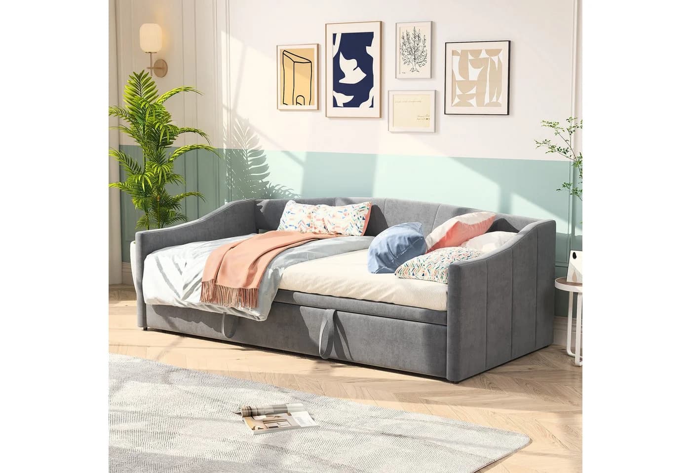 FUROKOY Schlafsofa Daybett Grau Samt mit Lattenrost - Bild 4