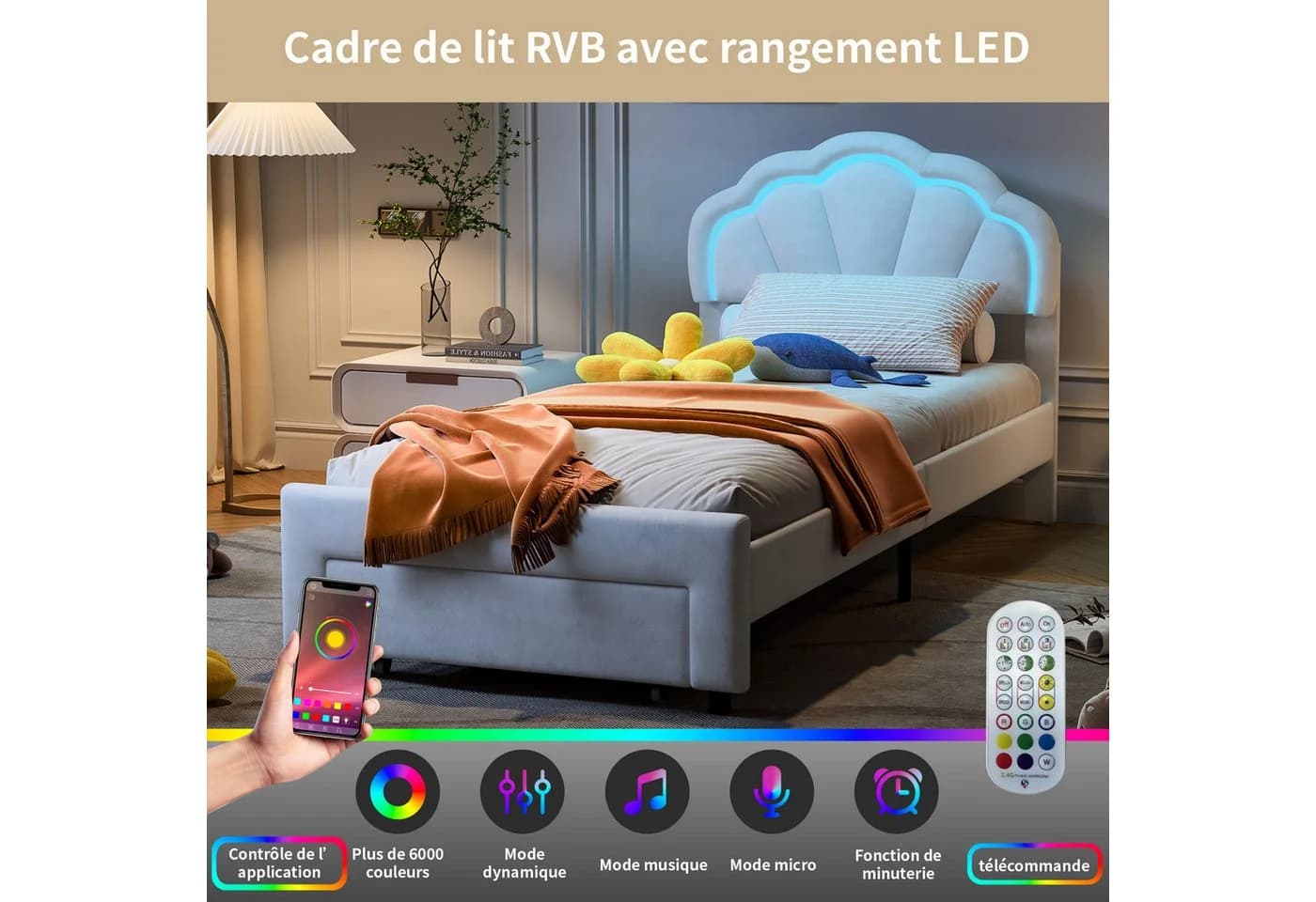 FUROKOY Polsterbett Kronenform mit LED & Schubladen Beige