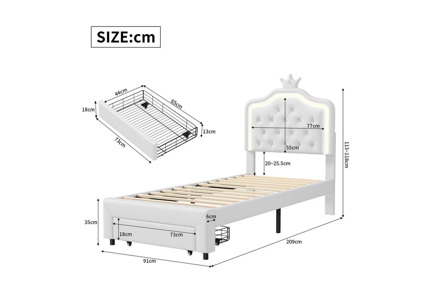 FUROKOY Polsterbett Weiß mit LED-Beleuchtung und Stauraum - Bild 5
