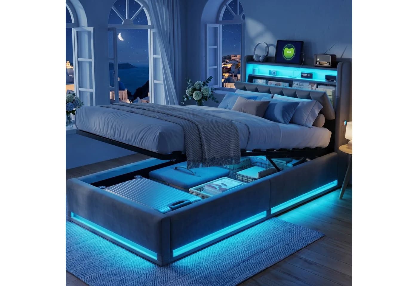 ADWOLT Polsterbett Grau Samt LED USB Stauraum - Bild 2