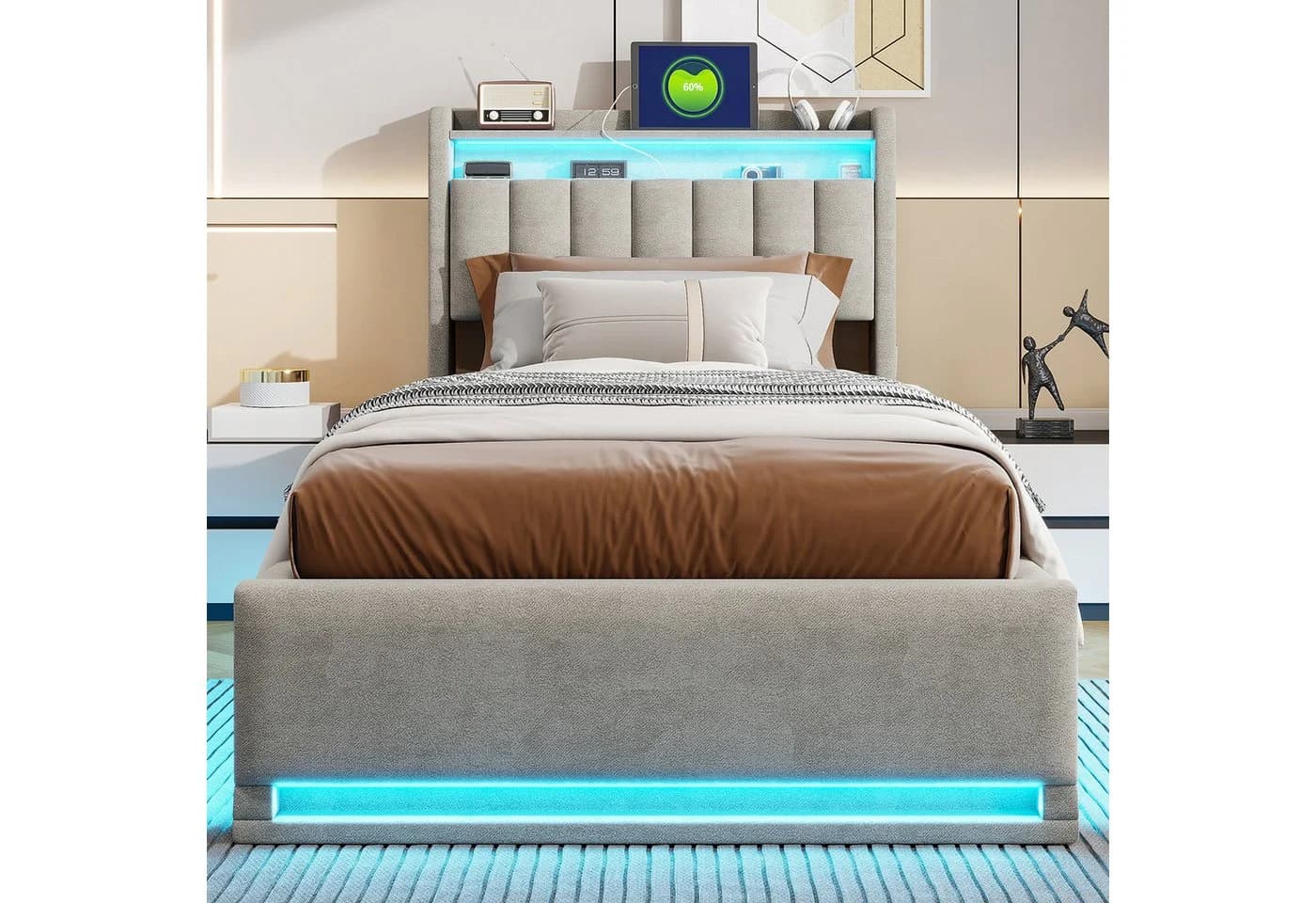 ADWOLT Polsterbett Grau Samt LED USB Stauraum - Bild 5